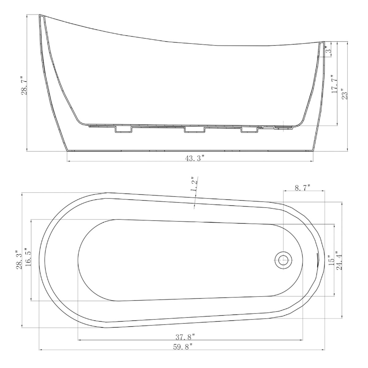 AKDY 60" x 28" Freestanding Soaking FIberglass Bathtub with Faucet